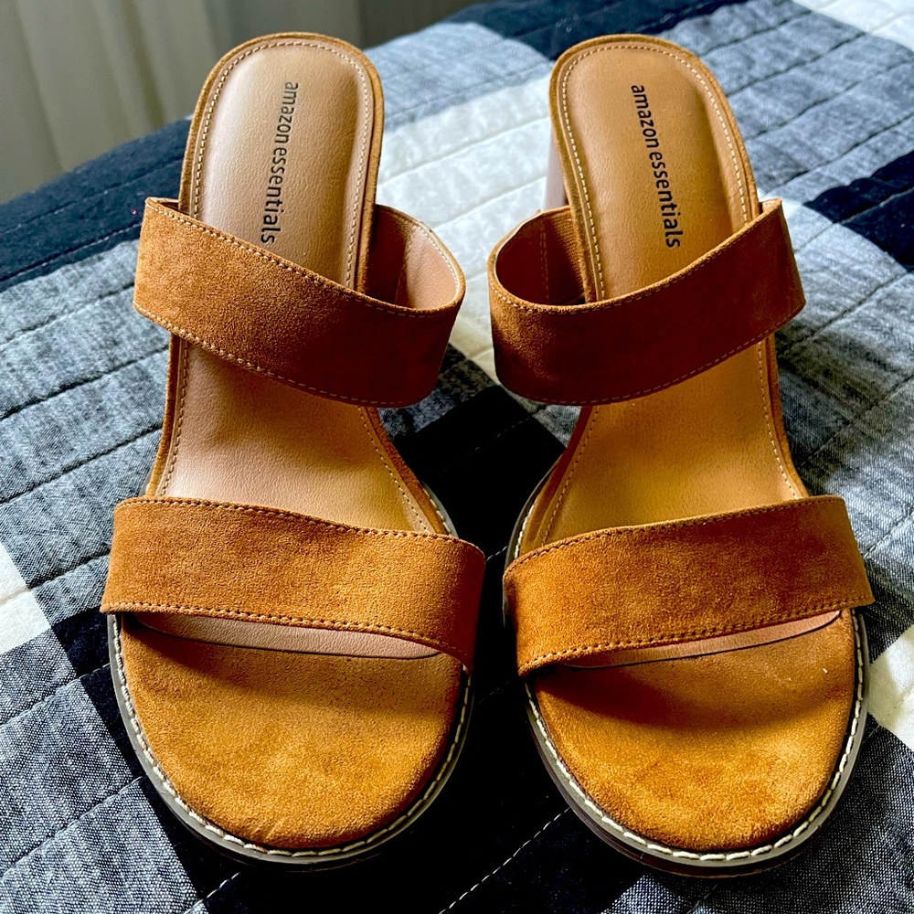 Amazon Essentials Womens 2‎ Strap Block Heel Slide Sandals Cognac Size 11